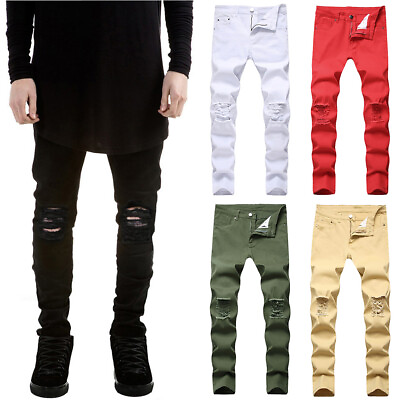 #ad Mens Jeans Trousers Ripped Denim Pants Stretch Skinny Casual Distressed Slim Fit $22.53