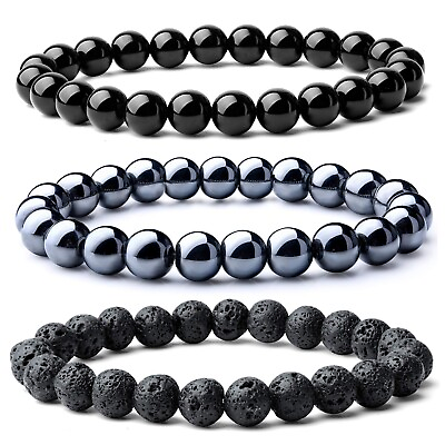 #ad 3Pcs Set Natural Stone Bracelet Women Men Gemstone Onyx Lava Hematite Bangle $9.99