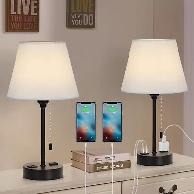 #ad Set of 2 Table Lamps Modern Bedroom Nightstand Desk Lamp w 2 USB Charging Ports $34.99