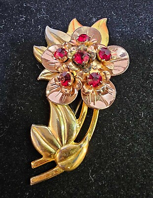 #ad 1940#x27;s Sterling Brooch Pin flower design w Ruby Color Red Stones large 3inquot; B6 $89.99