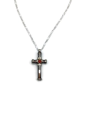#ad Black Cross Orange Red Stone Handmade Figaro Chain 18” Adjustable 20” Pearl Drop $16.80