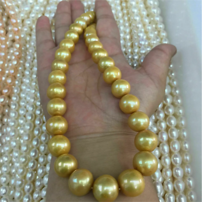 #ad Genuine 12 14mm Akoya South Sea Golden Pearl Necklace 925S clasp $135.00