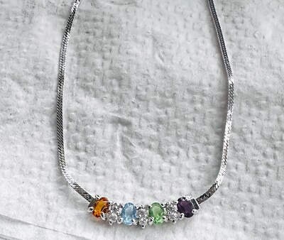 #ad Sterling Silver Multi Colored Crystal Necklace 16.5” Blue Green Purple Orange $14.79