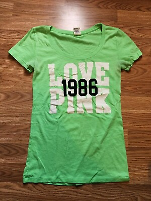 #ad Victoria#x27;s Secret Love Pink 1986 Womens Green Short Sleeve Graphic T Shirt Small $12.00