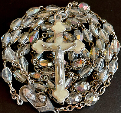#ad Vintage Catholic Faceted Crystal 5 Decade Rosary Silver Tone Crucifix amp; Center $14.99