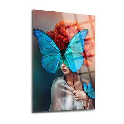 #ad Lady Butterfly Tempered Glass Wall Art Easy Installation Fade Proof Decor $234.00