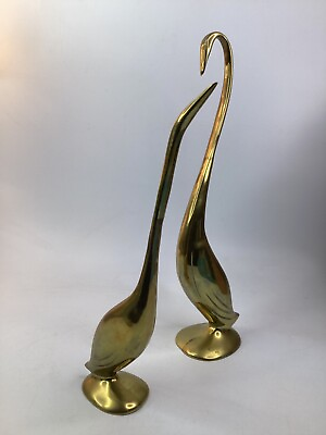 #ad 2 vintage Large Brass Swans Sculptures MCM Patina Aging 16”13”Tall A1 $72.88