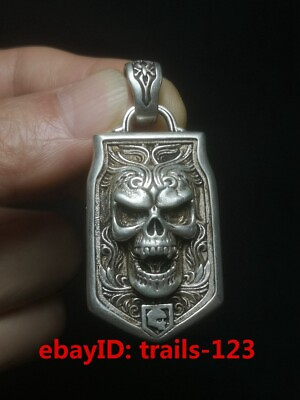 #ad Chinese Tibet Silver carved skull necklace pendant Decoration Gift Collection $17.99