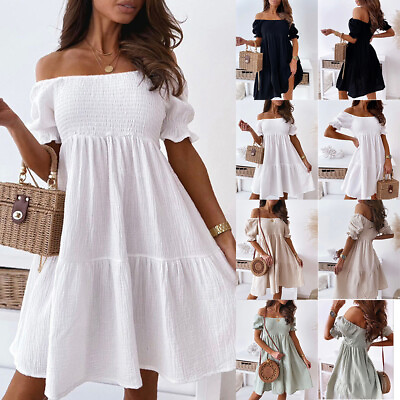 #ad #ad Womens Off Shoulder Floral Mini Dress Ladies Summer Beach Boho Holiday Sundress $19.47
