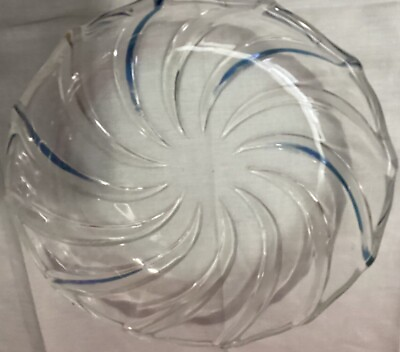 #ad Blue Swirl Gorgeous Crystal Dish Clear Scalloped Edge Cut Glass 8 in x 2 in Bowl $19.99