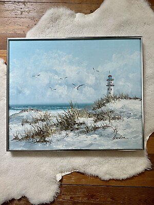 #ad Original Gordon Oil Painting Seascapes Lighthouse Ocean Seagulls. Authentic Art $179.00