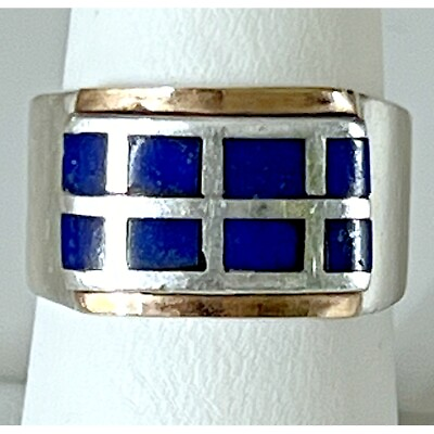 #ad 950 STERLING SILVER LAPIS LAZULI INLAY BAND RING SIZE 7.75 SKY $40.70
