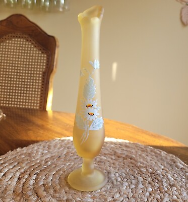 #ad Vtg Westmoreland Yellow Satin Frosted Glass Swung Bud Vase Painted Flowers 10.5quot; $14.99