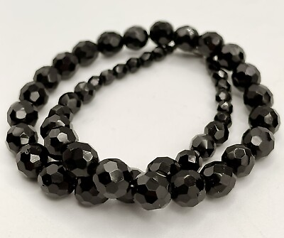 #ad Jet Black Glass Hand Cut Faceted Graduated Bead Vintage 1950s Necklace 17” $27.50