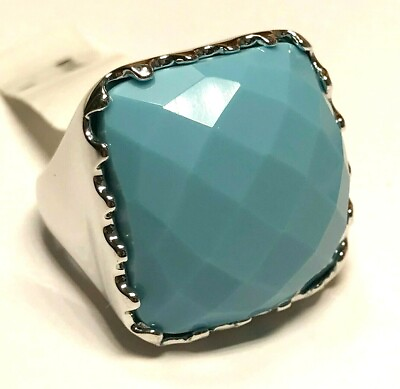 #ad Silver Aqua Blue Stone Dome Cocktail Ring Size 8 9 Statement Chunky Boho Plated $10.99