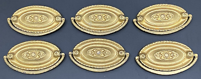 #ad 6 Thin Gold BRASS DROP BAIL RING OVAL DRESSER DRAWER PULLS Antique Vintage $30.00
