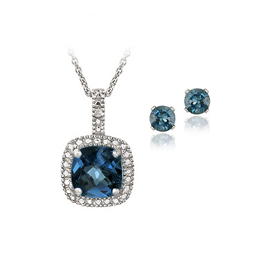 #ad 925 Silver 4ct London Blue Topaz amp; Diamond Accent Square Necklace amp; Earring Set $42.99