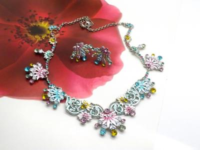 #ad Floral Necklace amp; CLIP Earrings Set Metallic Crystal Plated Fine Evening $17.97