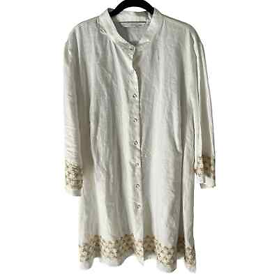 #ad Lucy amp; Laurel women’s 100% linen White Gold embroidered Button Down tunic Top 3X $25.00