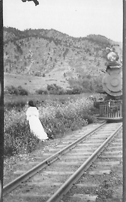 #ad RPPC Women in White Standing Besides Train Tracks As Locomotive Approaches c1910 $19.68