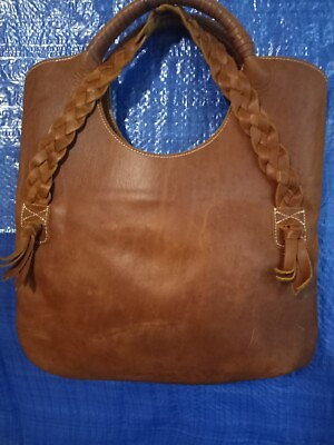 #ad Brown Handcrafted Leather Tote Bag Purse Braided Strap Accent SW $28.00