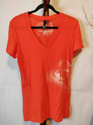 #ad Fox women#x27;s size L top orange white SS v neck fox logo on the side EUC $18.85