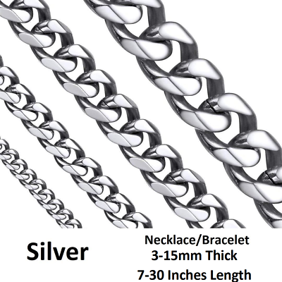 #ad *UK SHOP* 316L STAINLESS STEEL SILVER CUBAN BRACELET NECKLACE CURB LINK CHAIN GBP 3.79