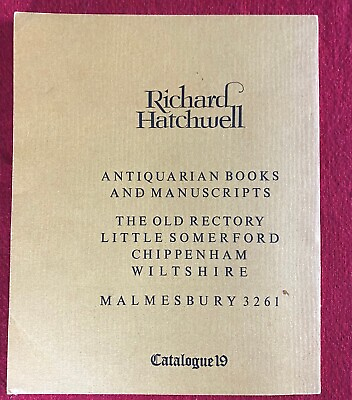 #ad Richard Hatchwell Antiquarian Books And Manuscripts CATALOGUE 19 Wiltshire Etc. $22.00