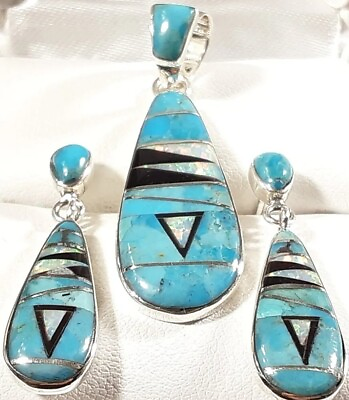 #ad 925 STERLING SEGMENTED TURQUOISE amp; OPAL EARRINGS amp; PENDANT MATCHING SET 7.1g $64.99