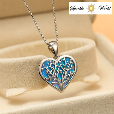 #ad Silver Blue Classic Women Pendant Tree of Life Opal Heart Pendant Necklace GBP 11.95