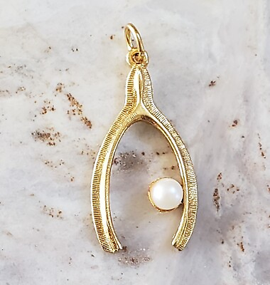 #ad Vintage Gold Tone Wishbone With a Simulated Pearl Pendant $29.99