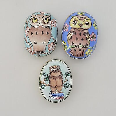 #ad Set of 3 Enameled Metal Owl Trinket Pill Boxes Dishes 2.25quot; x 2quot; Colorful $20.01