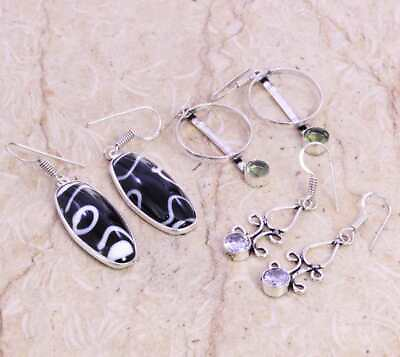 #ad Black Banded 925 Silver Plated Handmade Earrings Wholesale Lot of 1.5 2.5quot; $4.97