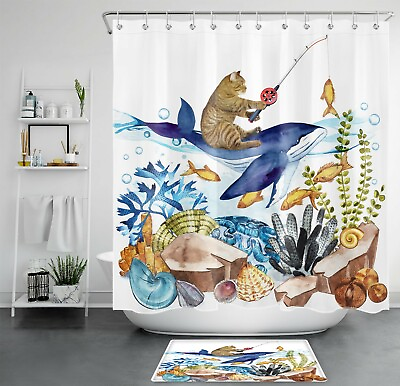 #ad Funny Cat Whale Shower Curtain The Underwater World Bathroom Accessories Set $12.99