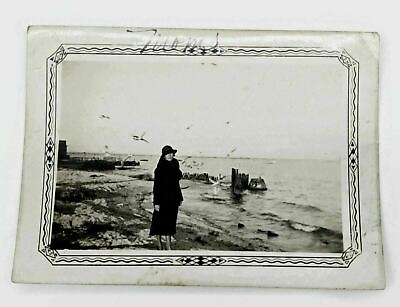 #ad Vintage Picture Black amp; White Photo Of A Woman Sea Seagulls Beach Water Front $8.38