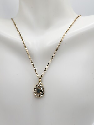 #ad Vintage Necklace 17quot; Goldtone Teardrop Rhinestones Green Center Stone Beautiful $13.75