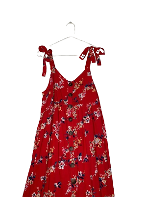 #ad Isabel Maternity Women Dress Small Extra Long Red Tie Strap V Neck Button Floral $25.99