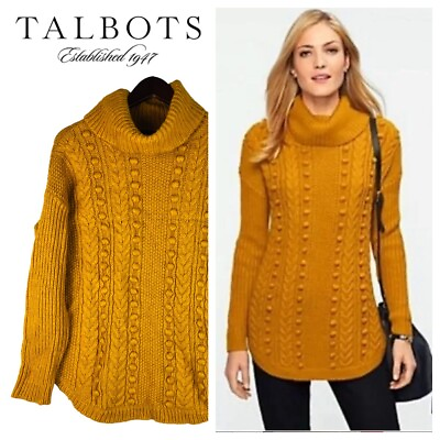 #ad Talbots Sz Large 12 14 Sweater Cowl Turtleneck Mustard Yellow Pom Pom Wool ff $28.79