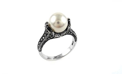 #ad 925 Sterling Silver Genuine Marcasite and Freshwater Pearl Ring Sizes 5 9 $11.99