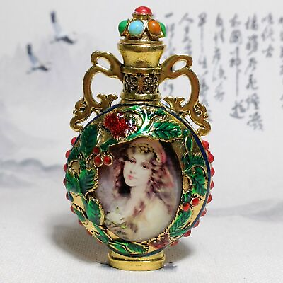 #ad vintage Beijing chinese cloisonne snuff bottle box young women Painted souvenir $29.44