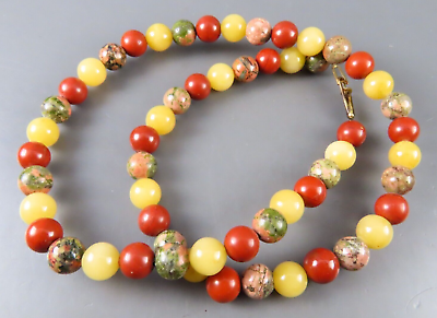 #ad BEADED NECKLACE Yellow Jade UNAKITE PINK GREEN Rust Red Jasper GOLD FILLED CLASP $13.50