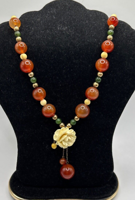 #ad Vntg Carnelian amp; Jade Necklace Carved Rose Faceted Carnelian Sterling Clasp JCS $69.00