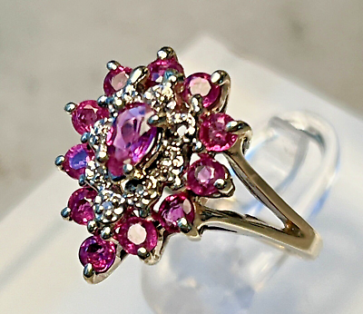 #ad 10K Yellow Gold Ruby amp; Diamond Cluster Cocktail Ring Size 5.5 $148.00