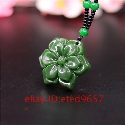 #ad Jade Gifts Amulet Natural Jewelry Necklace Flower Jadeite Carved Green Charm $9.99