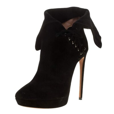#ad Alaia Black Suede Lace up Fold over Stiletto Ankle Boot Bootie 39.5 8.5 $1995 $400.00