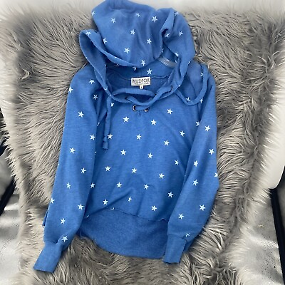 #ad Wildfox Blue Star Print Hutton Hoodie Long Sleeve Lace Up Neck Small 4th Of July $5.99
