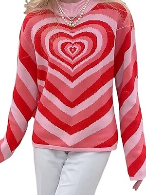 #ad Valentine#x27;s Day Women Long Sleeve Crewneck Sweaters Size Large Heart Pink Red $15.91