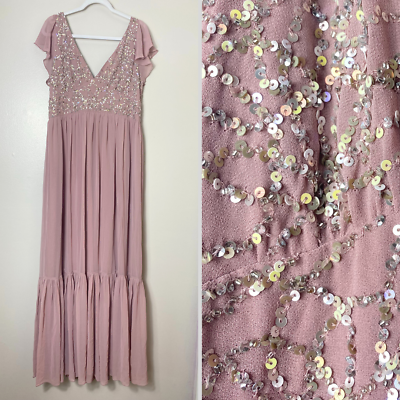 #ad NEW BHLDN DAPHNE DRESS GOWN LONG MAXI BRIDESMAID ROSE PINK SEQUINED RUFFLE 16 $199.00