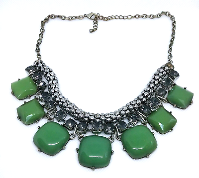 #ad Chunky Bib Necklace Green Large Beads Silver Metal Beads Boarder Rhinestones $19.97
