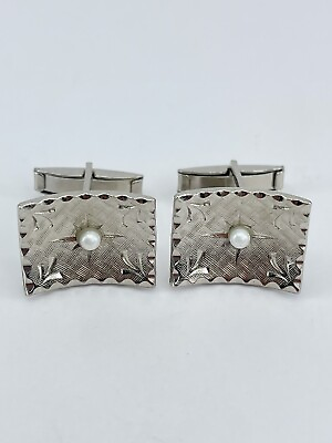#ad Vintage faux pearl mens cufflinks convex silver tone with etched star design $14.99